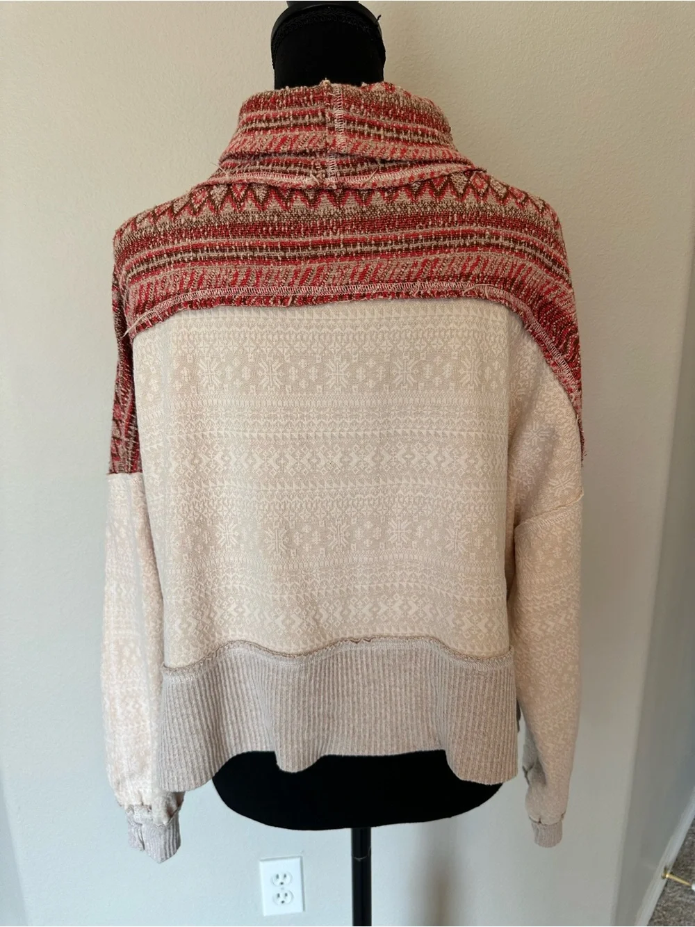 Free People Cream Cowl Neck Sweater with Rust Trim
